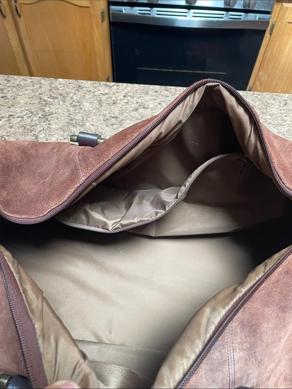 Vintage Large Hobo Shoulder Bag Suede Leather Trim Brass Fittings